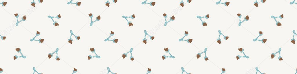 Gender neutral sprigged foliage seamless vector border. Simple whimsical botanical 2 tone pattern. Kids nursery wallpaper or scandi ribbon