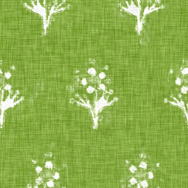 Hand drawn flower motif linen texture. Whimsical garden seamless pattern. Modern spring doodle floral nature textile for home decor. Botanical scandi style rustic green all over print. — Stock Photo, Image