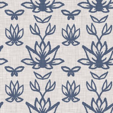 Fransız mavi botanik yaprağı keten desenli ve 2 tonluk kır evi motifli. Basit bir kırsal kumaş tekstil etkisi. İlkel, eski püskü, şık mutfak bezi tasarımı..