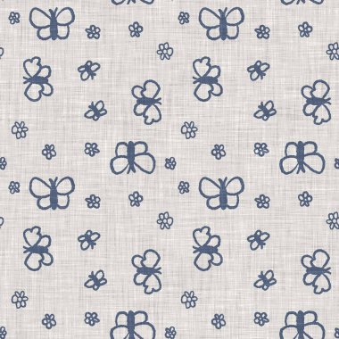 Çiftlik evi mavi kelebek keten desenli. Tonal Fransız kır evi tarzı çiftlik hayvanı geçmişi. Basit bir kırsal kumaş tekstil etkisi. Şekil verilmiş doğa, pejmürde, şık mutfak örtüsü..