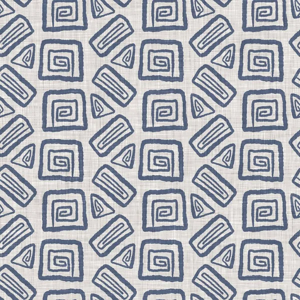 French blue geometric linen seamless pattern. Tonal farmhouse cottage style abstract grid background. Simple vintage rustic fabric textile effect. Primitive modern shabby chic kitchen cloth design.