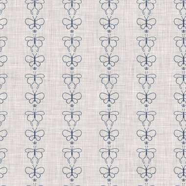 Çiftlik evi mavi kelebek keten desenli. Tonal Fransız kır evi tarzı çiftlik hayvanı geçmişi. Basit bir kırsal kumaş tekstil etkisi. Şekil verilmiş doğa, pejmürde, şık mutfak örtüsü..