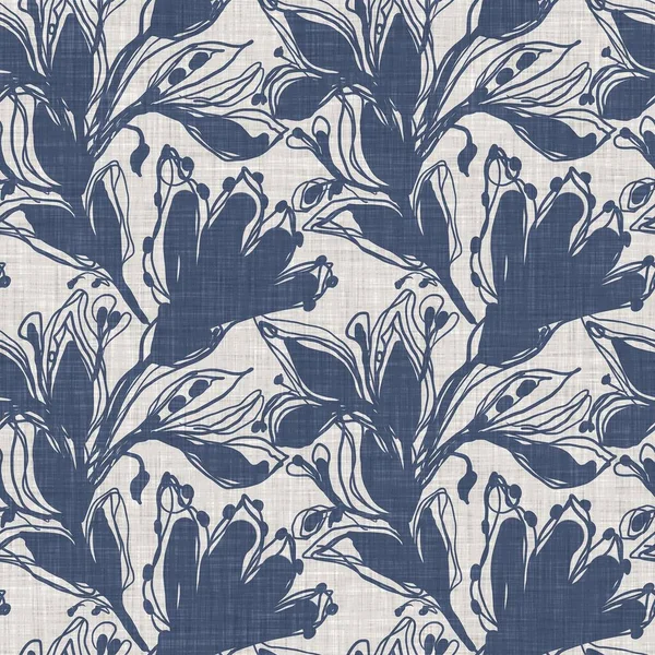 Französisch blau Blumen Leinen nahtloses Muster mit 2 Ton Landhaus Stil botanisches Motiv. Einfache Vintage rustikalen Stoff Textil-Effekt. Primitives modernes Shabby Chic Design. — Stockfoto