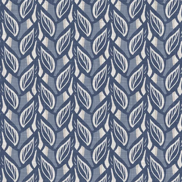 French blue botanical leaf linen seamless pattern with 2 tone country cottage style motif. Simple vintage rustic fabric textile effect. Primitive modern shabby chic kitchen cloth design.