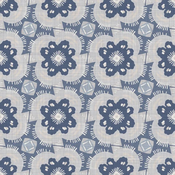 French blue floral linen seamless pattern with 2 tone country cottage style botanical motif. Simple vintage rustic fabric textile effect. Primitive modern shabby chic design. — Stock Photo, Image