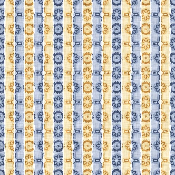 Estampado de patrón de tela de rayas de cocina de campo francés sin costuras. Fondo rayado vertical blanco amarillo azul. Tinte Batik provence estilo rústico tejido cottagecore textil. —  Fotos de Stock
