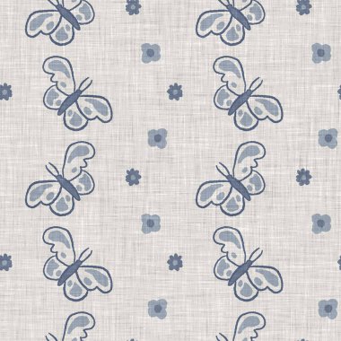 Çiftlik evi mavi kelebek keten desenli. Tonal Fransız kır evi tarzı çiftlik hayvanı geçmişi. Basit bir kırsal kumaş tekstil etkisi. Şekil verilmiş doğa, pejmürde, şık mutfak örtüsü..