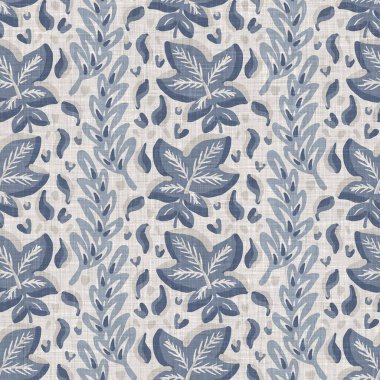Fransız mavi botanik yaprağı keten desenli ve 2 tonluk kır evi motifli. Basit bir kırsal kumaş tekstil etkisi. İlkel, eski püskü, şık mutfak bezi tasarımı..
