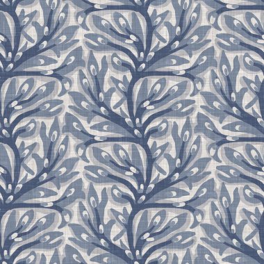 Fransız mavi botanik yaprağı keten desenli ve 2 tonluk kır evi motifli. Basit bir kırsal kumaş tekstil etkisi. İlkel, eski püskü, şık mutfak bezi tasarımı..