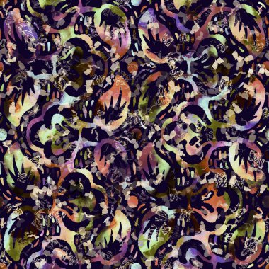Egzotik renkli boho çiçekli kamuflaj izi. Kusursuz sonbahar koyu zemin detaylı tekrarlama deseni.