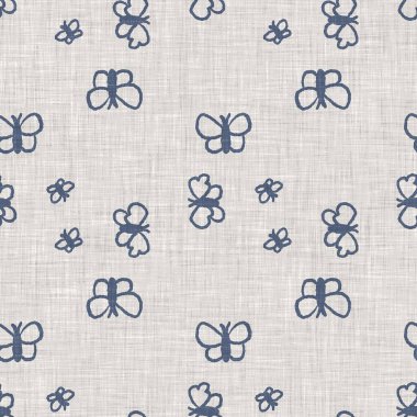 Çiftlik evi mavi kelebek keten desenli. Tonal Fransız kır evi tarzı çiftlik hayvanı geçmişi. Basit bir kırsal kumaş tekstil etkisi. Şekil verilmiş doğa, pejmürde, şık mutfak örtüsü..