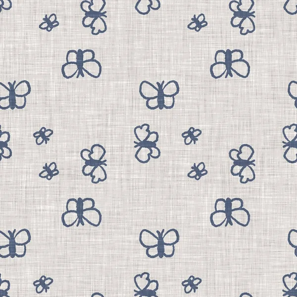 Farmhouse kék pillangó vászon zökkenőmentes minta. Tonal francia vidéki ház stílusú farm állati háttér. Egyszerű vintage rusztikus textil hatás. Stilizált természet kopott elegáns konyhai ruha. — Stock Fotó