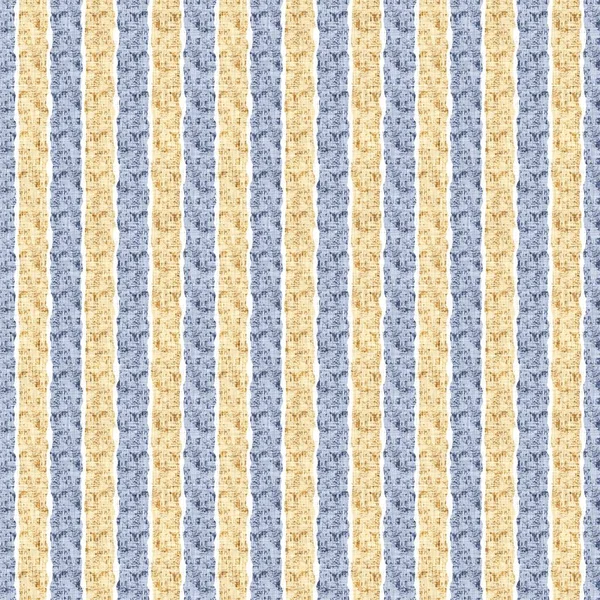 Seamless French country kitchen stripe fabric pattern print. Blue yellow white vertical striped background. Batik dye provence style rustic woven cottagecore textile. — Stock Photo, Image