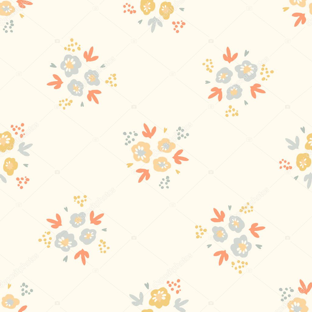 Natural chic boho flower seamless pattern in ditzy wildflower style. Hand drawn organic botanics fashion print. Modern summer nature garden bloom in trendy vintage country cottagecore color. 