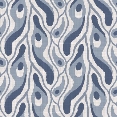 Fransız mavi botanik yaprağı keten desenli ve 2 tonluk kır evi motifli. Basit bir kırsal kumaş tekstil etkisi. İlkel, eski püskü, şık mutfak bezi tasarımı..