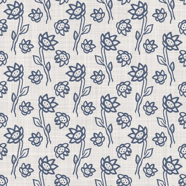Французький синій візерунок з квітковим льняним полотном з 2-тонним канцотажним стилем ботанічного мотиву. Простий вінтажний текстильний ефект із сільської тканини. Примітивний сучасний потертий шикарний дизайн. — стокове фото