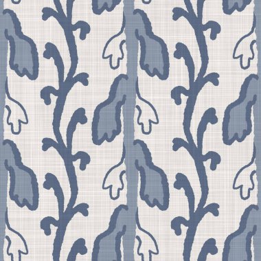Fransız mavi botanik yaprağı keten desenli ve 2 tonluk kır evi motifli. Basit bir kırsal kumaş tekstil etkisi. İlkel, eski püskü, şık mutfak bezi tasarımı..