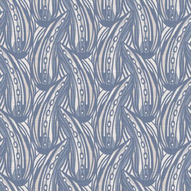 Fransız mavi botanik yaprağı keten desenli ve 2 tonluk kır evi motifli. Basit bir kırsal kumaş tekstil etkisi. İlkel, eski püskü, şık mutfak bezi tasarımı..