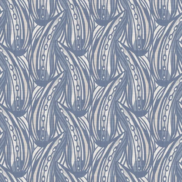 French blue botanical leaf linen seamless pattern with 2 tone country cottage style motif. Simple vintage rustic fabric textile effect. Primitive modern shabby chic kitchen cloth design.