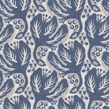 Fransız mavi botanik yaprağı keten desenli ve 2 tonluk kır evi motifli. Basit bir kırsal kumaş tekstil etkisi. İlkel, eski püskü, şık mutfak bezi tasarımı..