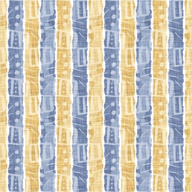 Kusursuz Fransız kırsal mutfak çizgili kumaş deseni. Mavi sarı, beyaz, dikey çizgili arka plan. Batik Boyası Kaynak Stili Kırsal Örgü Cottagecore Tekstili. 