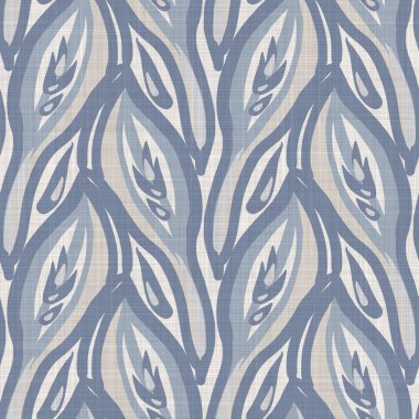 Fransız mavi botanik yaprağı keten desenli ve 2 tonluk kır evi motifli. Basit bir kırsal kumaş tekstil etkisi. İlkel, eski püskü, şık mutfak bezi tasarımı..