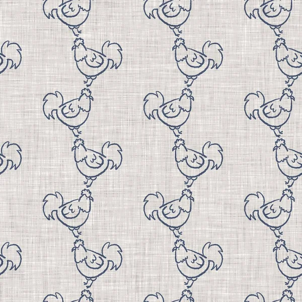 Farmhouse blue chicken hen linen seamless pattern. Tonal french country cottage style farm animal background. Simple vintage rustic fabric textile effect. Stylised nature shabby chic kitchen cloth. — Stock Photo, Image