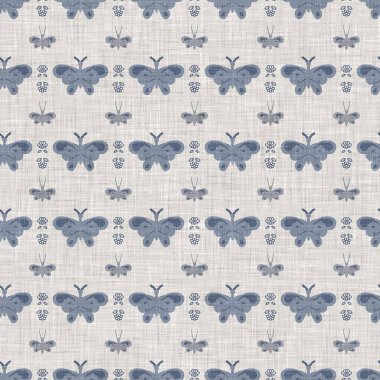 Çiftlik evi mavi kelebek keten desenli. Tonal Fransız kır evi tarzı çiftlik hayvanı geçmişi. Basit bir kırsal kumaş tekstil etkisi. Şekil verilmiş doğa, pejmürde, şık mutfak örtüsü..