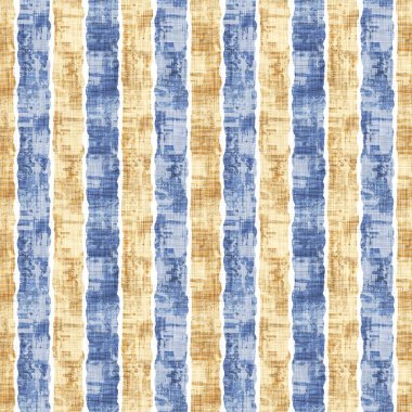 Kusursuz Fransız kırsal mutfak çizgili kumaş deseni. Mavi sarı, beyaz, dikey çizgili arka plan. Batik Boyası Kaynak Stili Kırsal Örgü Cottagecore Tekstili. 