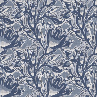 Fransız mavi botanik yaprağı keten desenli ve 2 tonluk kır evi motifli. Basit bir kırsal kumaş tekstil etkisi. İlkel, eski püskü, şık mutfak bezi tasarımı..