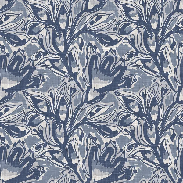 French blue botanical leaf linen seamless pattern with 2 tone country cottage style motif. Simple vintage rustic fabric textile effect. Primitive modern shabby chic kitchen cloth design.