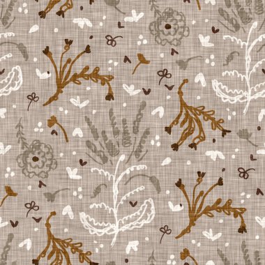 Kusursuz keten karalama çiçek desenli arka plan. Sakin boho dünya renginde duvar kağıdı. Basit modern skandi unisex çiçek tasarımı. Her yerde organik, çocuksu, cinsiyetsiz, tarafsız bir bebek var. El çizimi.