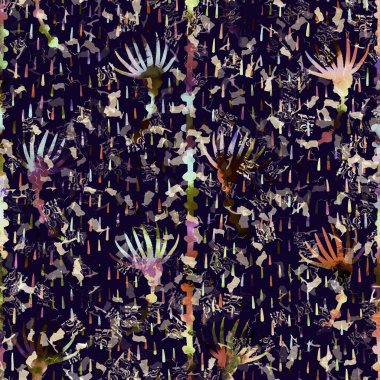 Egzotik renkli boho çiçekli kamuflaj izi. Kusursuz sonbahar koyu zemin detaylı tekrarlama deseni.