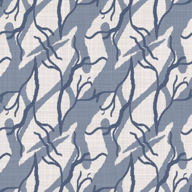 Fransız mavi botanik yaprağı keten desenli ve 2 tonluk kır evi motifli. Basit bir kırsal kumaş tekstil etkisi. İlkel, eski püskü, şık mutfak bezi tasarımı..