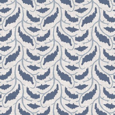 Fransız mavi botanik yaprağı keten desenli ve 2 tonluk kır evi motifli. Basit bir kırsal kumaş tekstil etkisi. İlkel, eski püskü, şık mutfak bezi tasarımı..