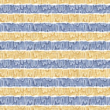 Kusursuz Fransız kırsal mutfak çizgili kumaş deseni. Mavi sarı beyaz yatay çizgili arka plan. Batik Boyası Kaynak Stili Kırsal Örgü Cottagecore Tekstili. 