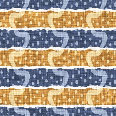 Kusursuz Fransız kırsal mutfak çizgili kumaş deseni. Mavi sarı beyaz yatay çizgili arka plan. Batik Boyası Kaynak Stili Kırsal Örgü Cottagecore Tekstili. 