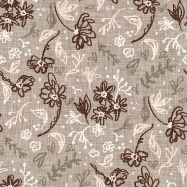 Kusursuz keten karalama çiçek desenli arka plan. Sakin boho dünya renginde duvar kağıdı. Basit modern skandi unisex çiçek tasarımı. Her yerde organik, çocuksu, cinsiyetsiz, tarafsız bir bebek var. El çizimi.