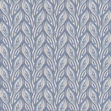 Fransız mavi botanik yaprağı keten desenli ve 2 tonluk kır evi motifli. Basit bir kırsal kumaş tekstil etkisi. İlkel, eski püskü, şık mutfak bezi tasarımı..