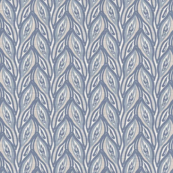 Fransk blå botaniskt löv linne sömlöst mönster med 2 ton lantlig stuga stil motiv. Enkel vintage rustik tyg textil effekt. Primitiv modern shabby chic köksduk design. — Stockfoto