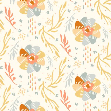 Doğal şık boho çiçeği desenli, dağınık yaban çiçeği tarzında. El çizimi organik botanik moda baskısı. Modern yaz doğa bahçesi, modaya uygun klasik kır pamuğu renginde çiçek açtı. 