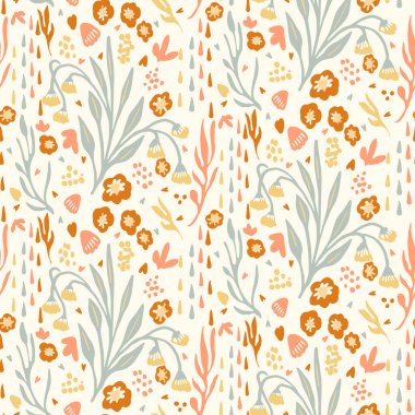 Doğal şık boho çiçeği desenli, dağınık yaban çiçeği tarzında. El çizimi organik botanik moda baskısı. Modern yaz doğa bahçesi, modaya uygun klasik kır pamuğu renginde çiçek açtı. 