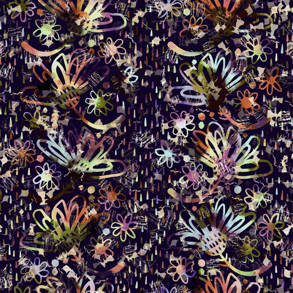 Egzotik renkli boho çiçekli kamuflaj izi. Kusursuz sonbahar koyu zemin detaylı tekrarlama deseni.