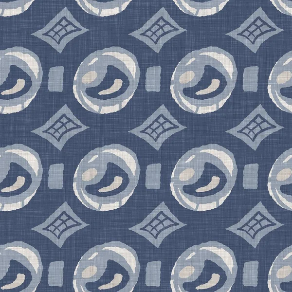 French blue geometric linen seamless pattern. Tonal farmhouse cottage style abstract grid background. Simple vintage rustic fabric textile effect. Primitive modern shabby chic kitchen cloth design. — Stock Photo, Image