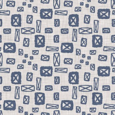 Fransız mavisi geometrik keten desenli. Tonal çiftlik evi tarzı soyut şebeke arka planı. Basit bir kırsal kumaş tekstil etkisi. İlkel, eski püskü, şık mutfak bezi tasarımı..