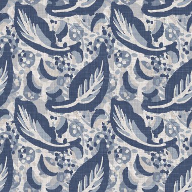 Fransız mavi botanik yaprağı keten desenli ve 2 tonluk kır evi motifli. Basit bir kırsal kumaş tekstil etkisi. İlkel, eski püskü, şık mutfak bezi tasarımı..