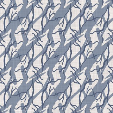 Fransız mavi botanik yaprağı keten desenli ve 2 tonluk kır evi motifli. Basit bir kırsal kumaş tekstil etkisi. İlkel, eski püskü, şık mutfak bezi tasarımı..