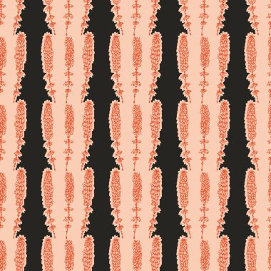 Koyu renkli boho çiçekleri, modaya uygun yaban çiçeği tarzında kusursuz desenli. El yapımı organik botanik moda baskısı. Modern yaz bahçesi, klasik kır evi çekirdek renginde çiçek açtı. 