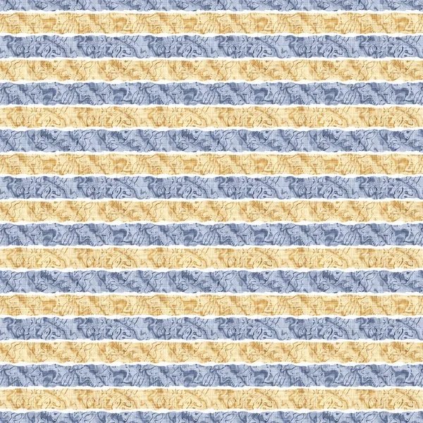 Seamless French country kitchen stripe fabric pattern print. Blue yellow white horizontal striped background. Batik dye provence style rustic woven cottagecore textile. — Stock Photo, Image