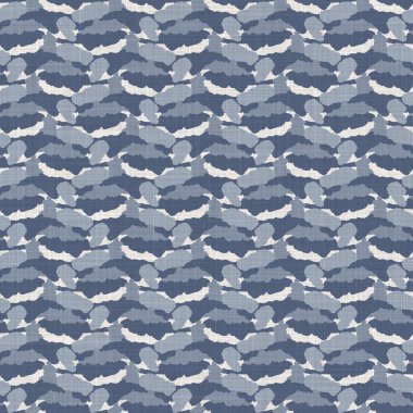 Fransız mavisi karalama motifli keten desenli. Tonal kır evi tarzı soyut karalama motifi arka planı. Basit bir kırsal kumaş tekstil etkisi. İlkel, pejmürde, şık bir kumaş..